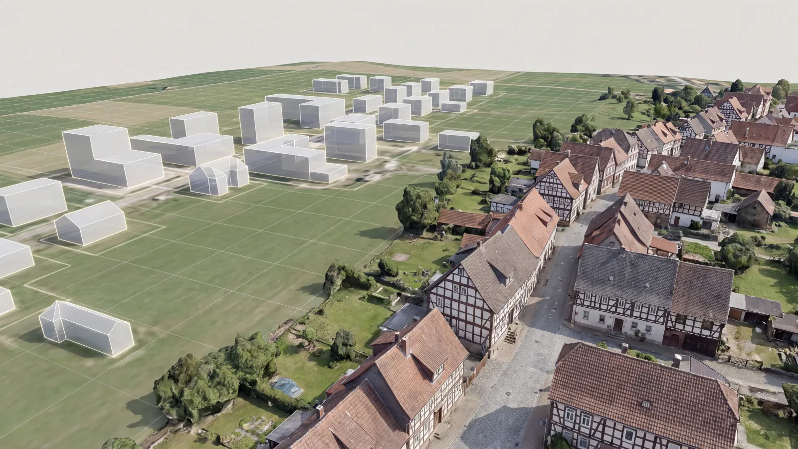 Illustration: 3D-Visualisierung eines Baugebiets mit geplanten Baukörpern