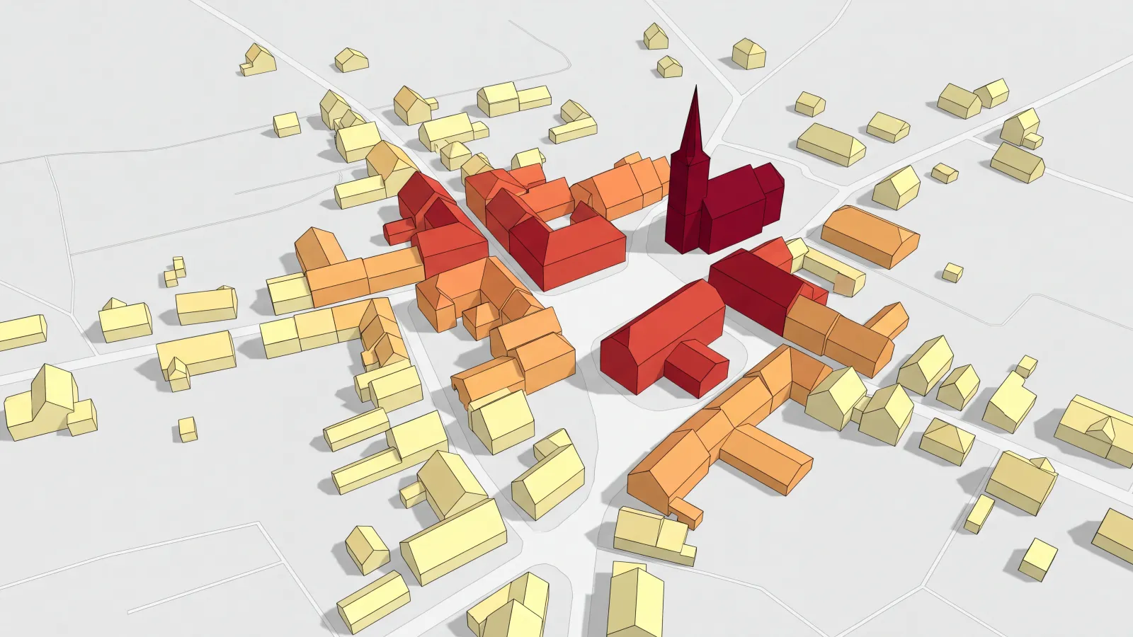 Illustration: 3D-Ortsmodell mit farblich nach Höhe codierten Gebäuden – flächendeckende First- und Traufhöhen