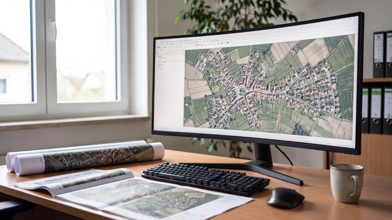 Illustration: Orthophoto in einer GIS-Oberfläche am Arbeitsplatz der Verwaltung – GIS-fertige Geodatenübergabe
