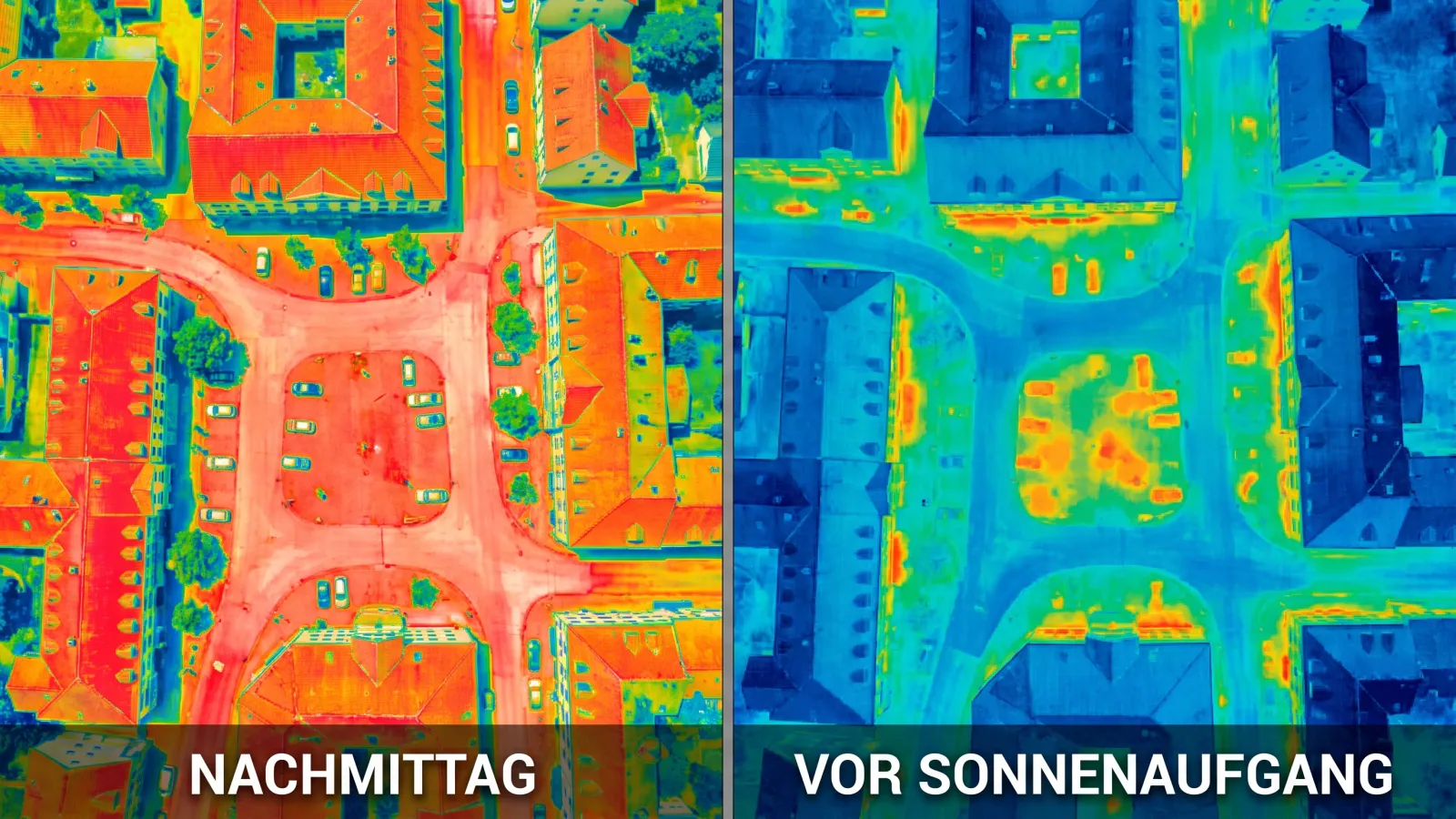 Illustration: Vergleich zweier Wärmekarten desselben Platzes am Nachmittag und vor Sonnenaufgang mit gespeicherter Wärme in versiegelten Flächen