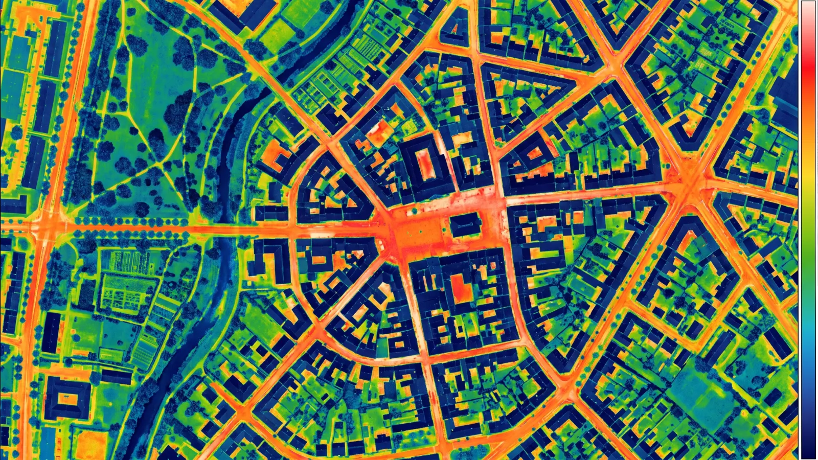 Illustration: Oberflächentemperaturkarte eines Ortskerns mit kühlen Grünflächen und Hitze-Hotspots auf Asphalt und Plätzen