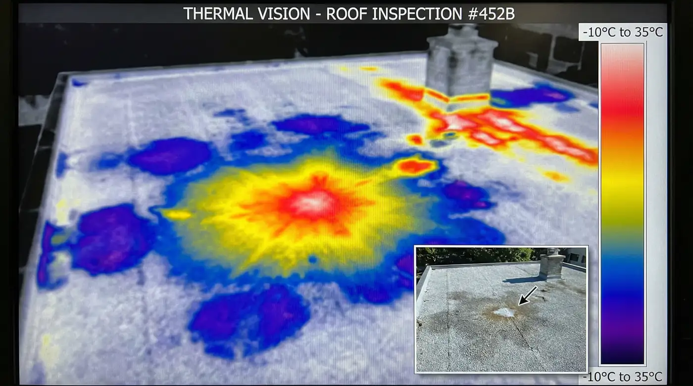 Thermografie-Aufnahme eines Flachdachs, die mit Falschfarben (rot/gelb) deutlich eine gro&szlig;e, undichte Stelle mit Feuchtigkeitsschaden anzeigt.