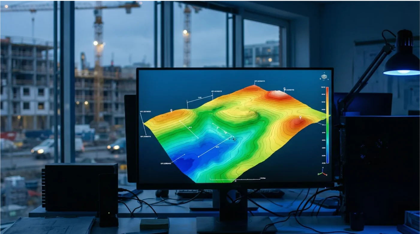 Digitales Gel&auml;ndemodell (DGM) einer Baustelle auf einem Monitor, das farbige H&ouml;henschichten von blau (tief) bis rot (hoch) zeigt, im Hintergrund ein Ingenieurb&uuml;ro.