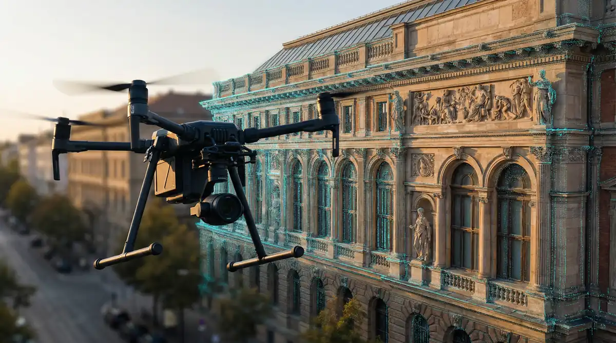 Professionelle Vermessungsdrohne mit LiDAR-Sensor schwebt vor der ornamentreichen Fassade eines historischen Geb&auml;udes und erfasst eine pr&auml;zise Punktwolke.