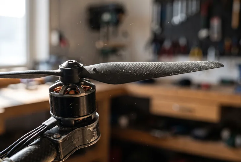 Nahaufnahme eines Drohnen-Propellers auf einem Brushless-Motor &ndash; hier entsteht der Auftrieb eines Multicopters