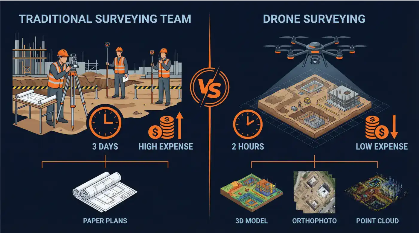 Infografik Vergleich: Traditionelle Vermessung (3 Tage, hohe Kosten, Papierpl&auml;ne) vs. Drohnenvermessung (2 Stunden, geringe Kosten, 3D-Modell, Orthofoto, Punktwolke).