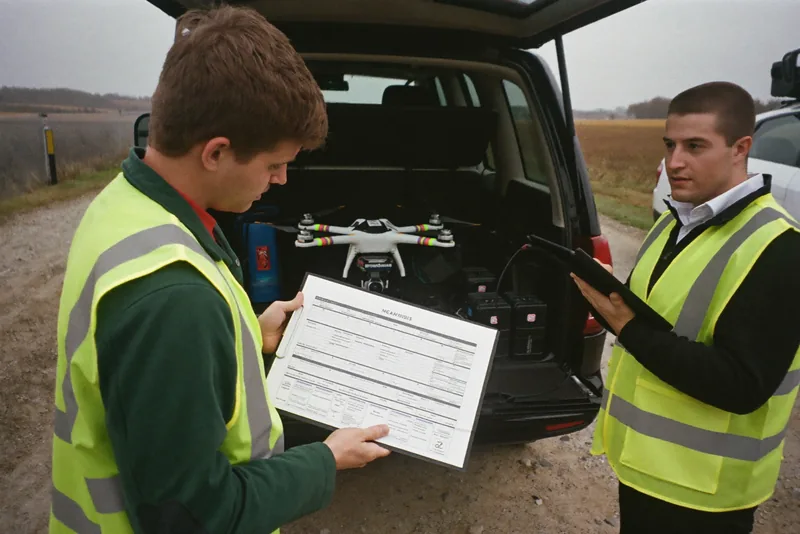 Zwei Drohnenpiloten in Warnwesten bei der Vorflugkontrolle mit Checkliste und Tablet – dokumentierte Verfahren aus dem Betriebshandbuch