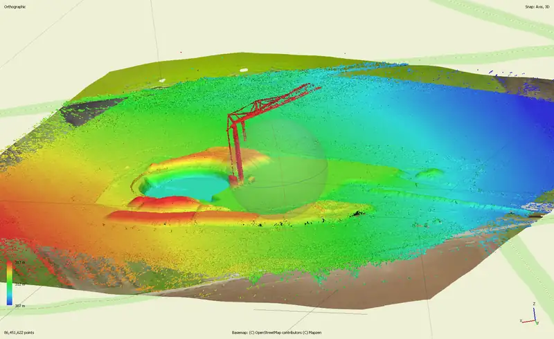 Lieferergebnis einer Drohnenvermessung: Orthofoto und 3D-Punktwolke einer Baustelle als präzise Planungsgrundlage
