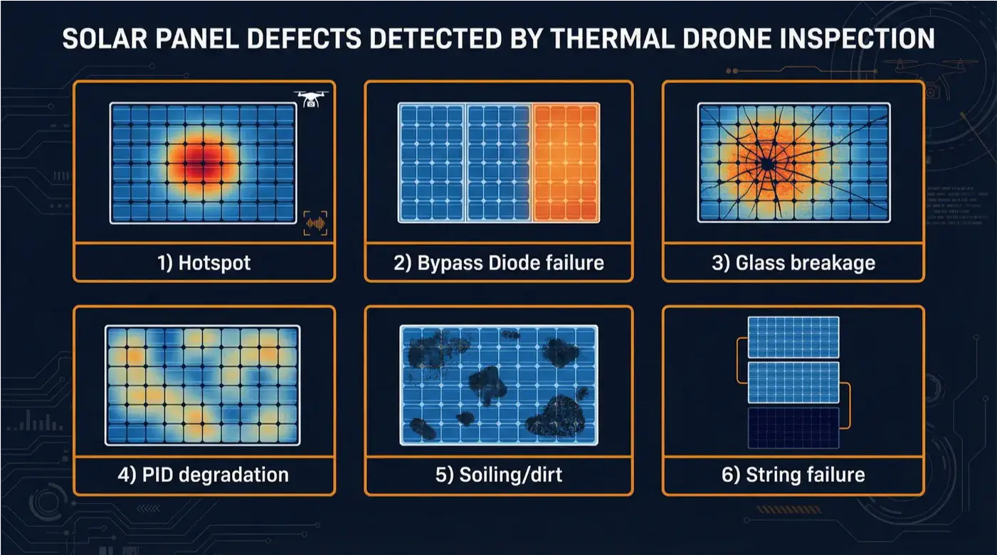 Infografik: Die 6 h&auml;ufigsten Fehlertypen bei PV-Anlagen &ndash; Hotspot (&uuml;berhitzte Zelle), defekte Bypass-Diode (Teilmodul hei&szlig;), Glasbruch (Risse im Modul), PID-Degradation (Leistungsverlust), Verschmutzung durch Vogelkot und Staub, String-Fehler (ganzer Strang ausgefallen)