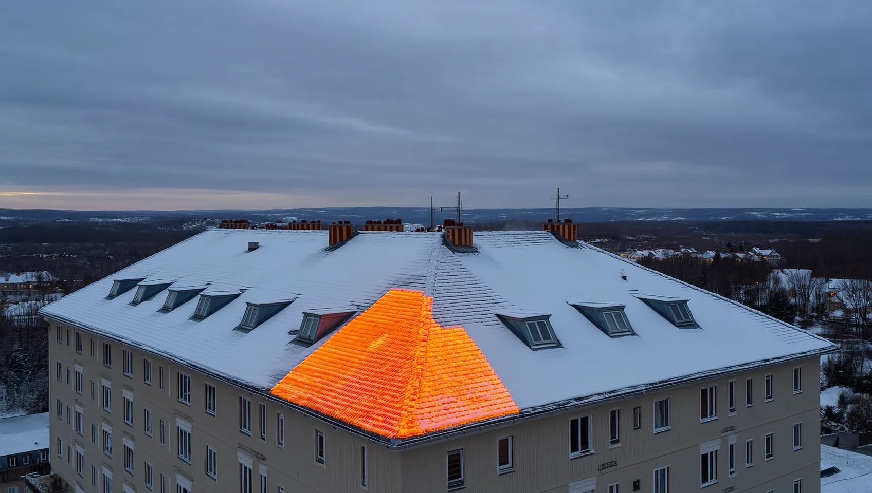 Drohne bei der Thermografie-Aufnahme eines Mehrfamilienhausdachs im Winter