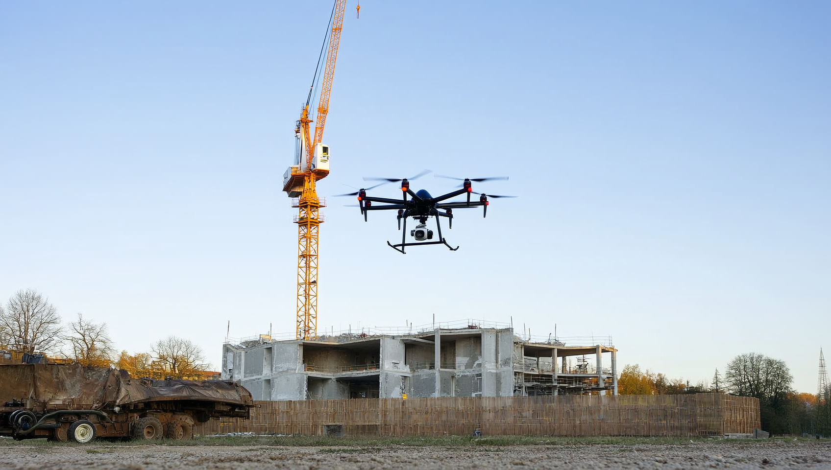 Vermessungsdrohne fliegt &uuml;ber eine Baustelle zur Baufortschrittsdokumentation