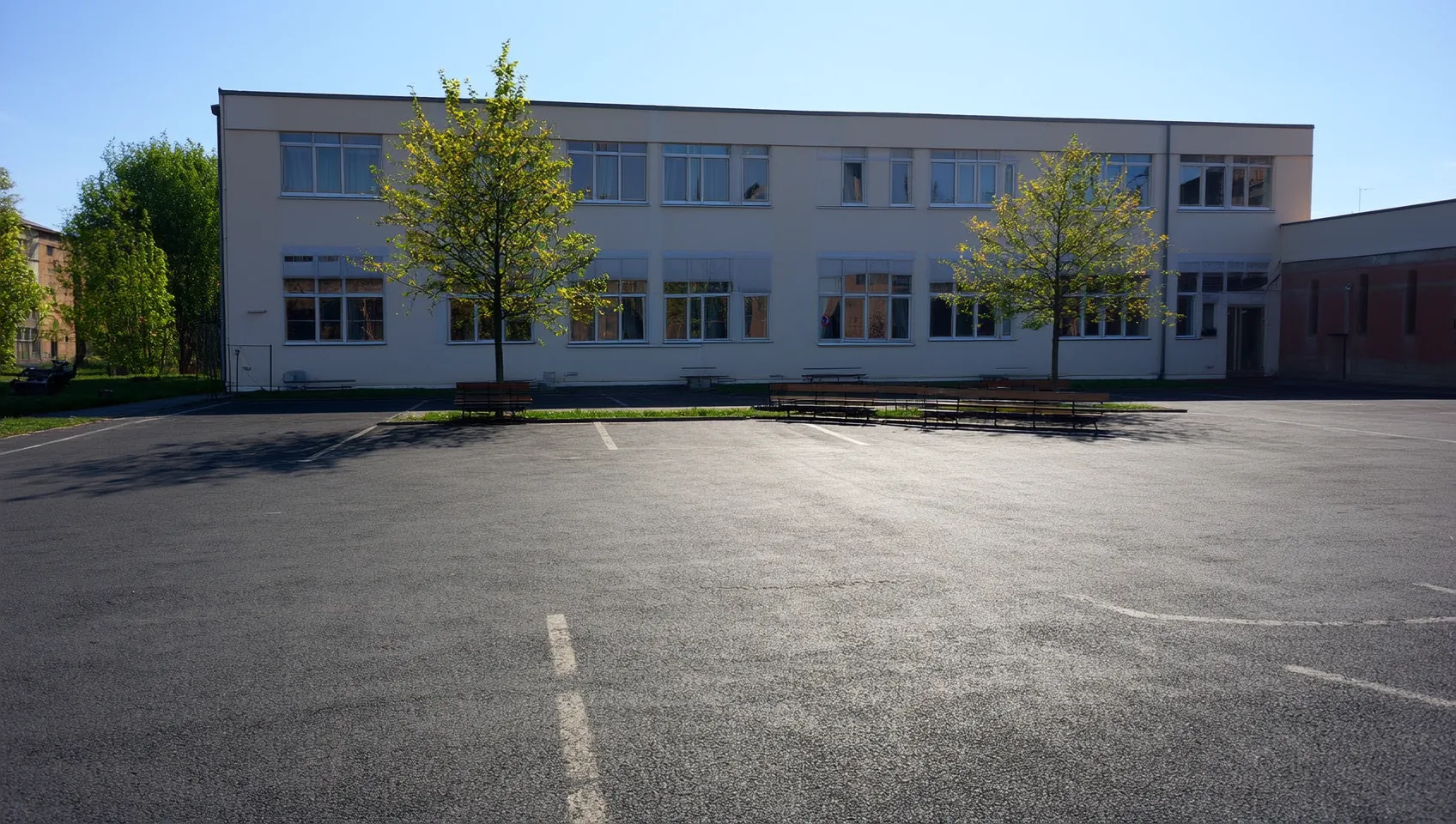 Versiegelter Schulparkplatz in einer Kleinstadt an einem Hitzetag als typische W&auml;rmeinsel
