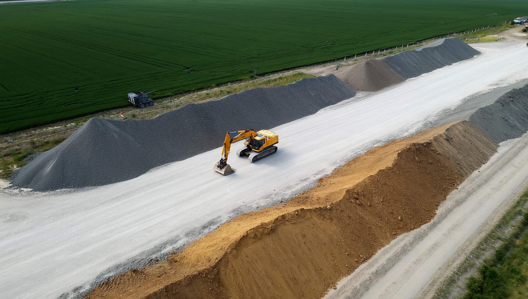 Luftaufnahme einer Baustelle mit Erdarbeiten und Materiallagern f&uuml;r Volumenberechnung