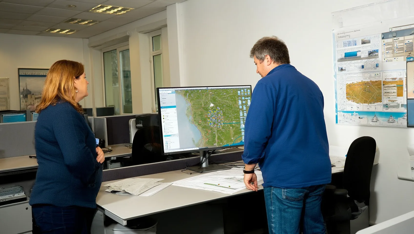 Mitarbeitende im Bauamt betrachten Luftbild- und Fl&auml;chendaten im GIS
