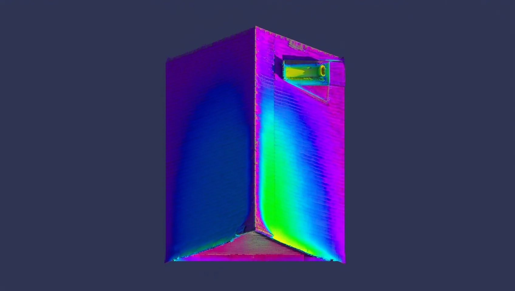 Thermografiebild eines Wohnhausdachs aus der Vogelperspektive &ndash; W&auml;rmebr&uuml;cken und Feuchtigkeitseintr&auml;ge in Falschfarben dargestellt