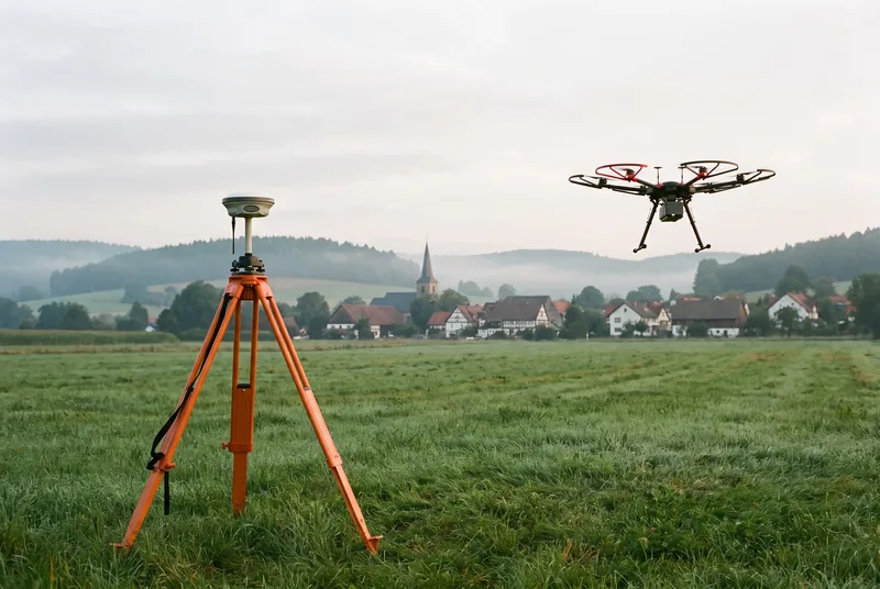 RTK-Basisstation auf Stativ und Vermessungsdrohne im Feld &ndash; GNSS-Korrekturdaten f&uuml;r zentimetergenaue Positionierung