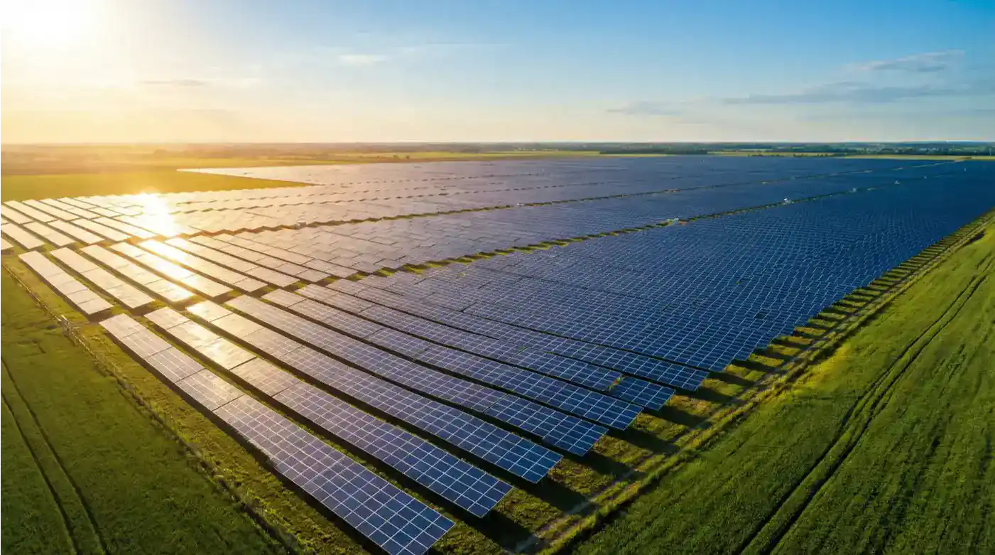 Luftaufnahme eines gro&szlig;en Photovoltaik-Solarparks aus der Vogelperspektive bei Sonnenuntergang &ndash; gleichm&auml;&szlig;ige Reihen von Solarmodulen auf gr&uuml;ner Wiese