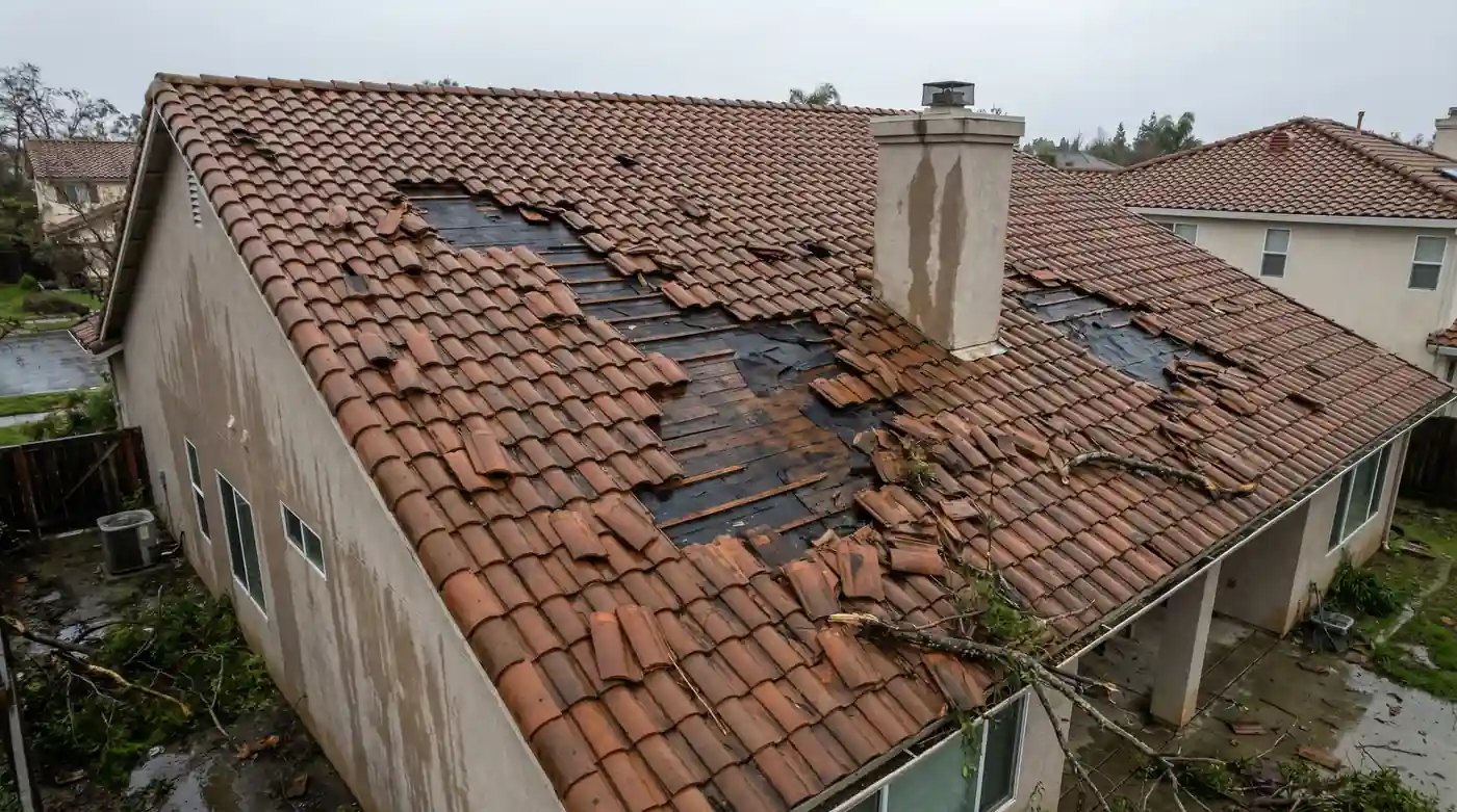 Luftaufnahme eines Daches mit deutlichem Sturmschaden: viele Dachziegel sind zerbrochen und verschoben, was die Unterkonstruktion freilegt.