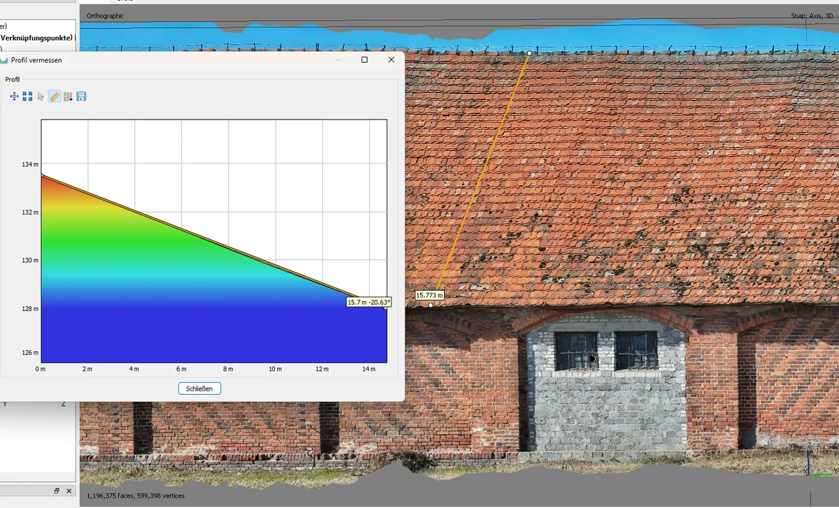 Dachneigungsmessung der Scheune – Profilschnitt mit Höhenprofil und Neigungswinkel