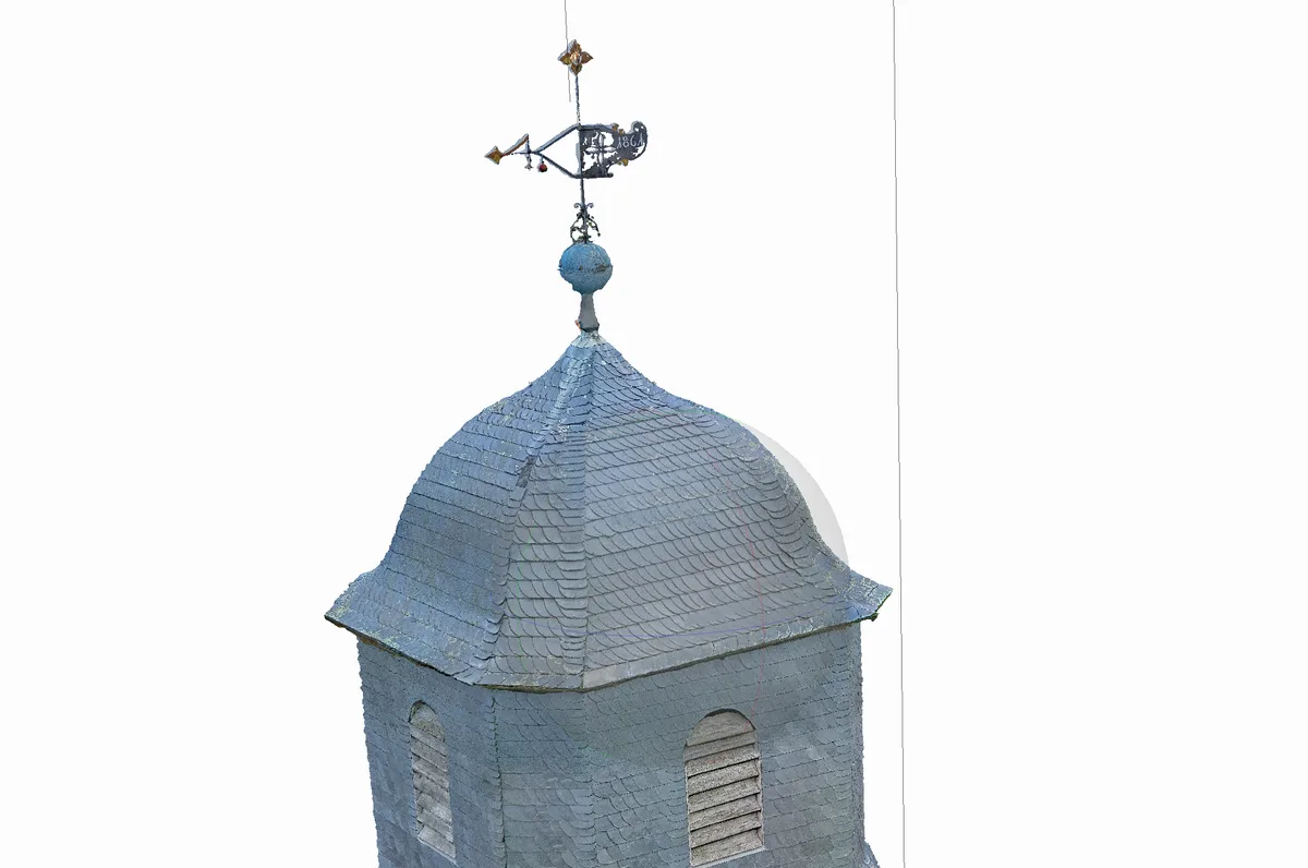 Geschieferte Turmhaube im 3D-Modell mit Kugel und schmiedeeiserner Wetterfahne, darauf die Jahreszahl 1861