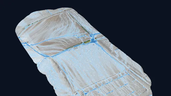 3D-Gelände einer Ackerfläche mit simuliertem Starkregen, Wasser in blau
