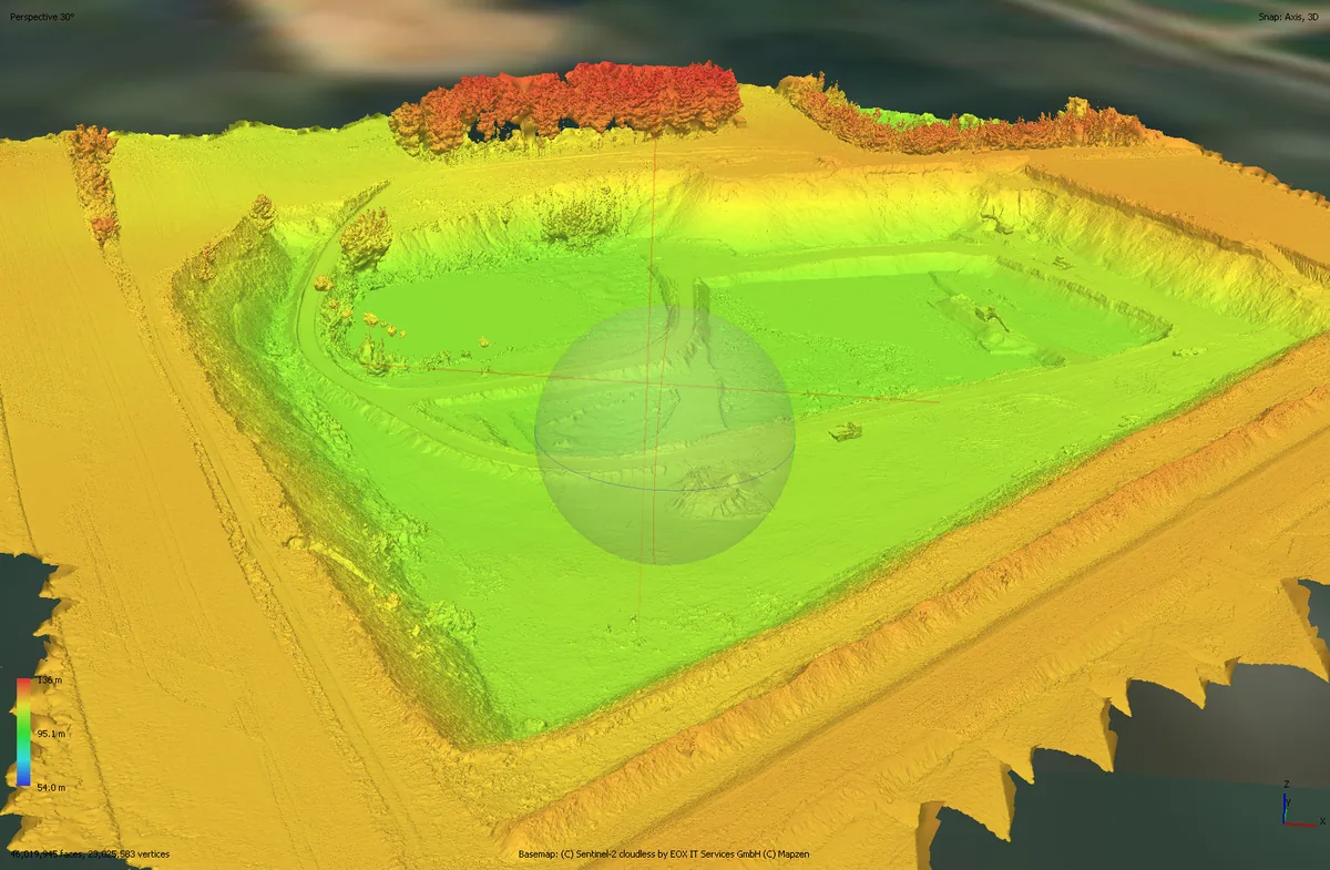 Orthografisches Höhenmodell der Sandgrube – Farbskala 54 bis 136 Meter über NN