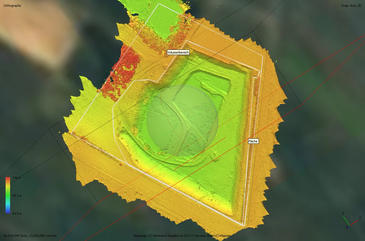 Digitales Höhenmodell der Sandgrube Draufsicht – Volumenbereich mit Best-Fit-Ebene markiert
